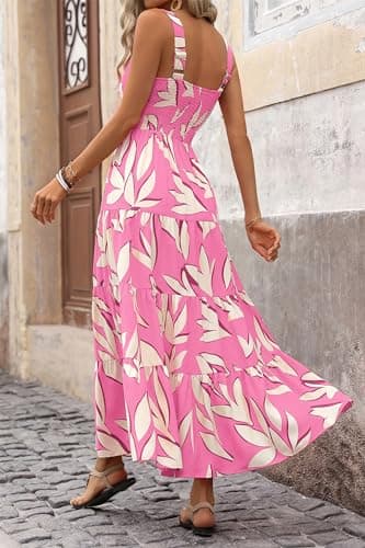 PRETTYGARDEN Women's Summer Floral Maxi Dress Sleeveless Smocked Ruffle Long Flowy Beach Vacation Boho Sundresses (Floral Pink Beige,Large) - Image 2