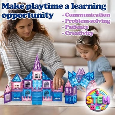 Little Pi 102pcs Frozen Princess Castle Magnetic Tiles Building Blocks - 3D Diamond Blocks, STEM Educational Toddler Toys for Pretend Play, 4 Year Old Girl Birthday Gifts Kids Ages 3 5 6 7 8 - Blue - Image 4