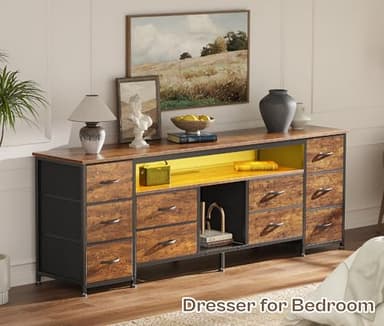 Huuger 63 Inch LED TV Stand Dresser with Power Outlets, USB-C Port and LED Lights, 10 Fabric Drawer Dresser for Bedroom, Long Entertainment Center for 65, 70 Inch TV, Open Shelves, Rustic Brown - Image 7