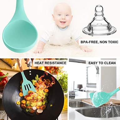 MIBOTE Silicone Cooking Kitchen Utensils Set with Holder, Wooden Handles Cooking Tool BPA Free Turner Tongs Spatula Spoon Kitchen Gadgets Set for Nonstick Cookware (Teal) - Image 2