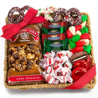 A Gift Inside Holiday Classic Chocolate, Candy & Crunch Gift Basket With Handmade Chocolates, Ghirardelli, Caramel Corn for Gourmet Christmas Food Gift - Image 1