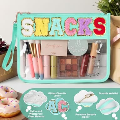 Snack Bag for Travel - Clear Chenille Varsity Letter Flat Pouch with Zipper, Waterproof Clear PVC&PU Preppy Patch Makeup Cosmetic tote Bags for Women (Green-Snacks) - Image 3