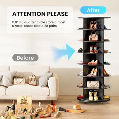 Gujiam Wood 7-Tier Rotating Shoe Rack Tower, 360 with Wheels, Shoe Tree Organizer for Entryway Closet Bedroom, Space-Saving Design, Compact Tower, 66.9 Inch - Black - Image 7