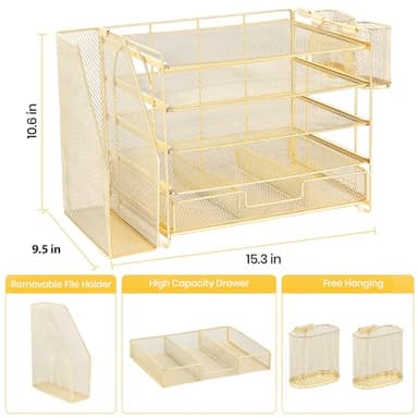 OPNICE Desk Organizers and Accessories, 5-Tier Paper File Organizer with Drawer & Pen Holder, Office Desk Accessories Workspace Desktop Organizer for Office Supplies(Gold) - Image 4