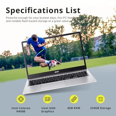 acer Chromebook 315 15.6" FHD Laptop, Intel Celeron N4500, 4GB LPDDR4 RAM, 224GB Storage(64GB eMMC+160GB Docking Station Set), Intel UHD Graphics, HD Webcam, Wi-Fi 6, Chrome OS, Silver - Image 3