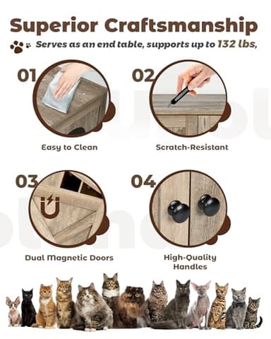 Upolana Cat Litter Box Enclosure, 32 inch Hidden Litter Box Furniture with Divider, Wooden Kitty Litter Box Cabinet End Side Table, Greige - Image 6
