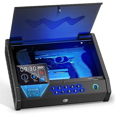 MOLICAR Gun Safe, Biometric Gun Safes for Handgun with LCD of Temp Humidity Battery, USB-C Port, Fingerprint Quick Access Pistol Safe for Home Bedside Nightstand Car - Image 1