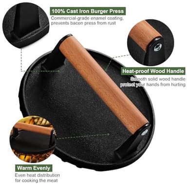 EWFEN Burger Press, 7" Round Heavy-Duty Cast Iron Smash Bacon Press Meat Steak with Wood Handle for Griddle, Sandwich, Nonstick Pan - Image 3