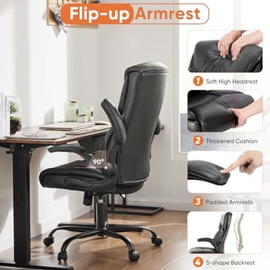 Sweetcrispy Ergonomic Computer Gaming Office Chair, Heavy Duty Task Desk Swivel Rolling Chairs with Wheels, Flip-up Arms, Adjustable Height, PU Leather, Black - Image 6