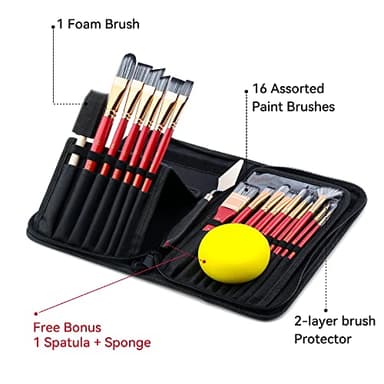 Transon Art Paint Brush Kit 16 Paint Brushes with Foam Brush Sponge Spatula and Brush Case for Oil, Acrylic, Watercolor, Gouache, Painting Pink Color - Image 2