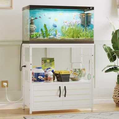 Bestier 20-29 Gallon Fish Tank Stand with Power Outlets, Metal Long Aquarium Stand with Storage Cabinet, 31x15 Reptile Terrarium Stand with Horizontal Gold Line, Stainless Hooks, 350 Lbs(White) - Image 5