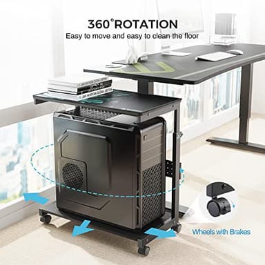 EUREKA ERGONOMIC PC Stand Computer Cart, Height Adjustable Tower Stand 2-Tier Suit for ATX Case Printer, Metal Rolling Cart on Wheels for Gaming Home Office, Black - Image 7