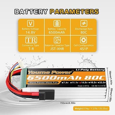 Youme 4S Lipo Battery, 14.8V Lipo 4S 6500mAh 80C with Tr Plug Fit for Maxx X-Maxx RC Buggy Truggy Crawler Truck Car, Helicopter, Airplane (2Packs) - Image 3