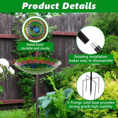 VEWOGIFT Bird Bath for Outdoor, 43" Tall Metal Birdbath with Stake, Peacock Bird Bath & Feeder with 13" Bowl for Outside Garden Patio Yard Decor - Image 4