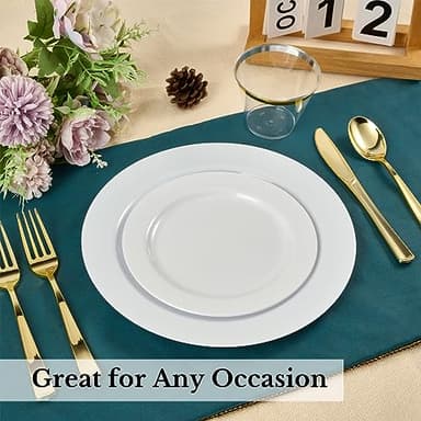 FOCUSLINE 100 Count White Plastic Plates 10 Inch, Disposable Heavy Duty Dinner Plates- Premium Hard Plastic Plates Fancy Disposable White Plates for Weddings, Parties and Events - Image 8