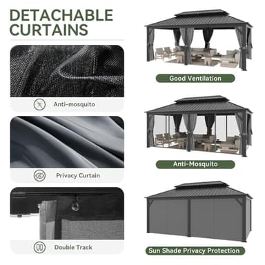 Aoxun 12' X 20' Hardtop Gazebo, Galvanized Steel Double Top, Aluminum Metal Gazebo with Curtains and Netting, Permanent Canopy Pavilion for Wedding, Party, Outdoor Dining - Image 4