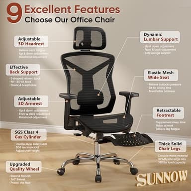 Ergonomic Office Chair with Foot Rest, Home Mesh Desk Chair with Adjustable Lumbar Support, 3D Armrest, 3D Headrest, 90°-135° Lockable Reclining Function, Comfy High Back Swivel Computer Gaming Chairs - Image 3