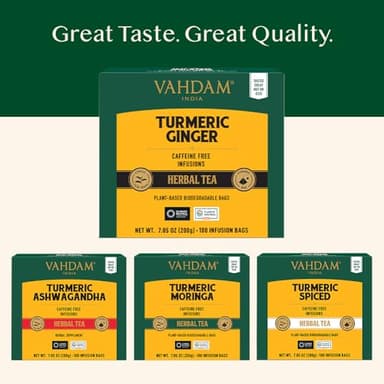 VAHDAM, Organic Turmeric Ginger Herbal Tea Bags (100 Pyramid Tea Bags) Caffeine Free, Non GMO | 100% Pure Herbal Blend - Savory & Spicy, Plant-Based Teabags | Resealable Ziplock Pouch - Image 8