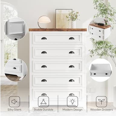 LIKIMIO 43" Tall 5 Drawers Dresser for Bedroom, Power Strip, Farmhouse Large Wood Dressers & Chest of Drawers with Wide Storage Cabinet, White - Image 7