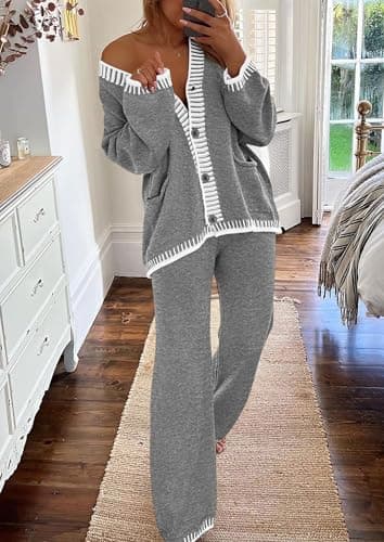PRETTYGARDEN Lounge Sets for Women Fall 2025 Loungewear 2 Piece Outfits Cardigan Sweaters Track Suit Matching Winter Clothing (Grey,Large) - Image 8