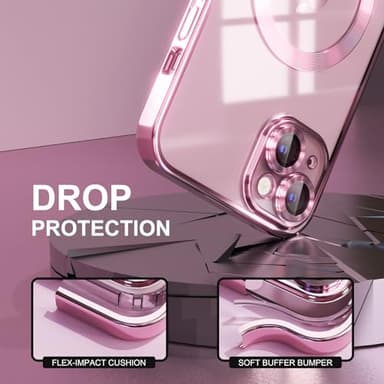 Misea Magnetic for iPhone 15 Plus Case Compatible with MagSafe [Never Yellowing] [Military Grade Drop Protection] Full Camera Lens Protector Plating Soft Clear Phone Case for Women, Pink - Image 4