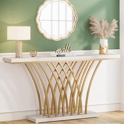 Tribesigns 59 inch Gold Console Table, Modern Entryway Table with Grid-Shaped Metal Base for Entrance, Hallway, Entryway, Living Room(White Faux Marble & Gold) - Image 1