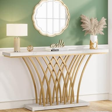 Tribesigns 59 inch Gold Console Table, Modern Entryway Table with Grid-Shaped Metal Base for Entrance, Hallway, Entryway, Living Room(White Faux Marble & Gold) - Image 1