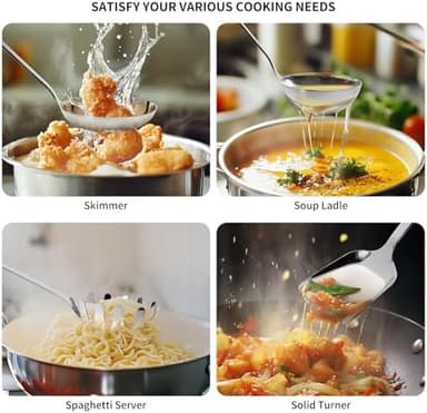 304 Stainless Steel Cooking Utensils Set, 8PCS Kitchen Utensils Set, Include Skimmer, Soup Ladle, Spaghetti Server, Wok Spatula, Slotted Spoon, Solid Spoon, Slotted Spatula Turner & Meat Fork - Image 7