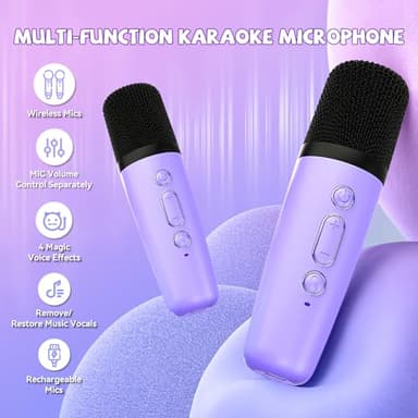 【2025 Newest】 Mini Karaoke Machine for Kids Girls & Boys - Portable Bluetooth Speaker with 2 Wireless Microphones - Kids Birthday Gifts for Ages 4-10 - Kids' Instrument Accessories - Purple - Image 6