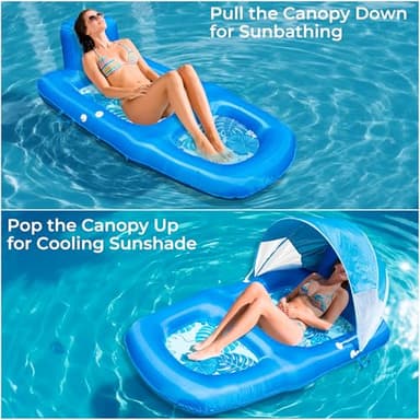 Fabric Covered Inflatable Pool Lounger Float Adult, 70"x39" Extra Large Pool Float w/ UPF50+ Sunshade Canopy & Cupholder Caddy, Water Floaties Raft Recliner Chair for Pool Party Lake Beach-Blue - Image 9