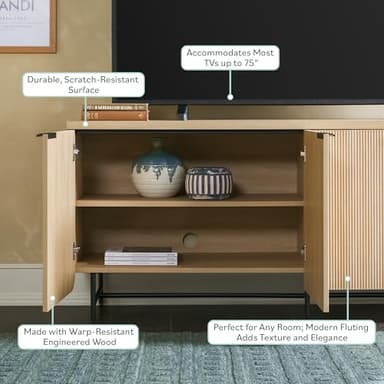 Walker Edison Reema Fluted 4-Door Kitchen Sideboard Buffet Console, 69 Inch, Coastal Oak - Image 4