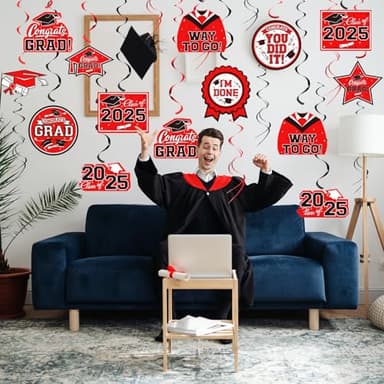 31 Pieces Graduation Decorations Class of 2025, Graduation Hanging Swirl Congrats Grad and Graduation Party Decorations(red, Black) - Image 5
