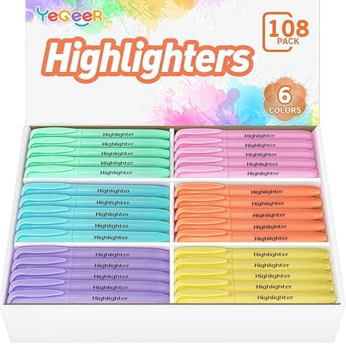 YEGEER Highlighters Bulk, Chisel Tip Dry-Quickly Highlighter Markers, 108 Count-6 Assorted Colors Highlighters Bulk Pack for Adult Kids, Office Classroom Must Have, School Supplies for Teachers - Image 1
