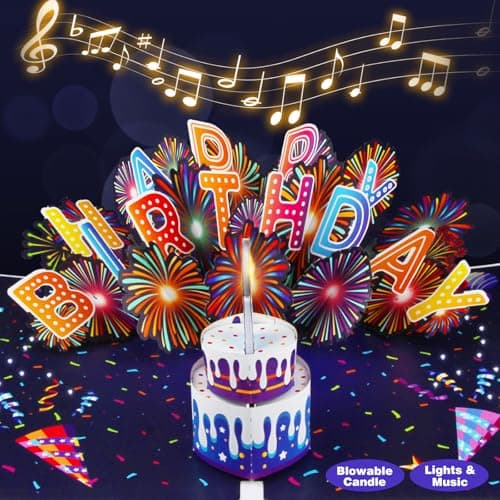 MZD8391 Birthday Cards Fireworks 3D Pop Up Blowable Cake Light Music Happy Birthday Card Gifts for Women,Men, Mom, Kids - Image 1