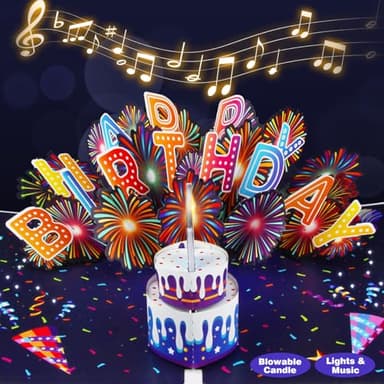 MZD8391 Birthday Cards Fireworks 3D Pop Up Blowable Cake Light Music Happy Birthday Card Gifts for Women,Men, Mom, Kids - Image 1