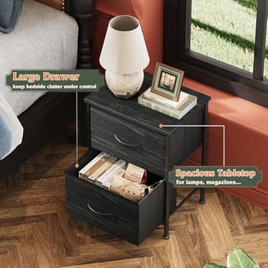 WLIVE Night Stand, Small Dresser with Drawers, Dresser for Bedroom with 2 Fabric Drawer, Black Bedside Table End Table, Dorm Nightstand, Closet Organizer, Charcoal Black Wood Grain Print - Image 4