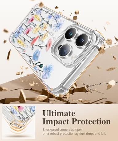 GVIEWIN for iPhone 14 Pro Case Floral, with Screen Protector+Camera Lens Protector,[Non Yellowing]Slim Shockproof Clear Phone Protective Cover for Women, Flower Pattern Design 6.1"(Aconite/Light Blue) - Image 4