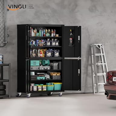 VINGLI Large Garage Storage Cabinet with 4 Doors, Upgraded Height & Wide & Deep, 43''W x 23''D x 75''H, Oversized Metal Storage Cabinet with Pegboards Wheels Locks and Adjustable Shelves (Black) - Image 9