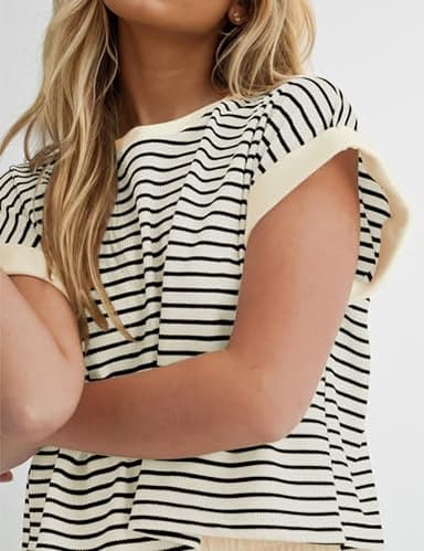 MISSACTIVER 2 Piece Lounge Set Women Stripe Knit Short Sleeve Tee Shirts Shorts Casual Summer Loungewear Shorts Sets - Image 5