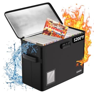 ELOBOON 5200 Fireproof Book Storage for 150-175 Comics, Water-Resistant & Moistureproof Stackable Box With Label Window and Lock, Sturdy Short Case With Fire Zipper, Black - Image 1