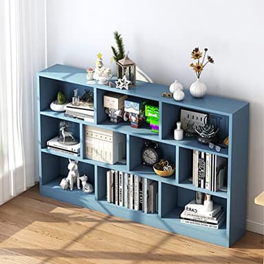 IOTXY Open Shelf Low Bookcase - Wooden 3-Tier Floor Standing Display Cabinet Organizer with Base, 10 Cubes Short Horizontal Bookshelf in Bright Blue - Image 6