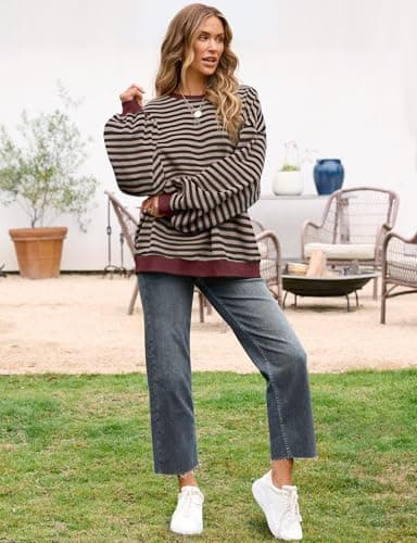 UEU Womens Oversized Crewneck Sweatshirt Striped Color Block Shirt Long Sleeve Pullover Sweaters Black Coffee Large - Image 4