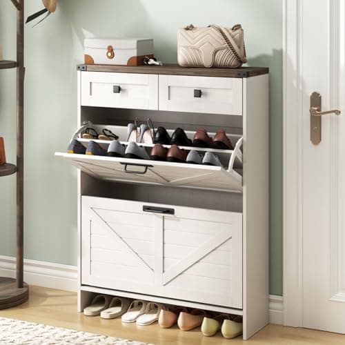 Halitaa Shoe Cabinet with 2 Flip Drawers & 2 Drawers,Farmhouse Shoe Storage Cabinet for Entryway,Slim Freestanding Narrow Organizer Rack for Front Door Entrance,White - Image 1