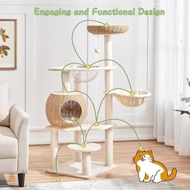 Yaheetech 54in Rattan Cat Tree, Modern Tower with Breathable Woven Condo, Scratching Posts & Washable Cushions, Naturally Cool in Summer, Cute Furniture for Indoor Cats - Image 3