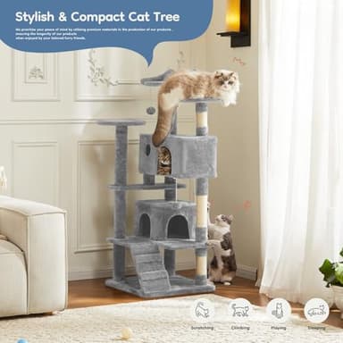 DUMOS 54-inch Indoor Cat Tree Tower –Multi-Level Pet House for Large Cats with 2 Condos, Scratching Posts, Round Platform, Small Ladder, and Toys, Light Grey - Image 3