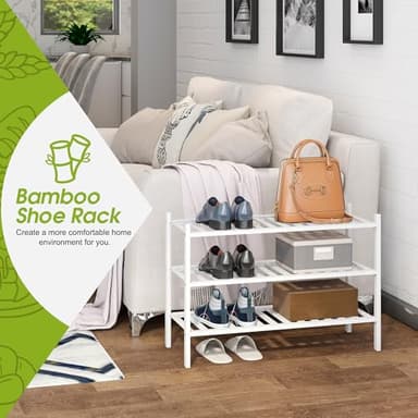 BMOSU 3-Tier Bamboo Shoe Rack Premium Stackable Shoe Shelf Storage Organizer for Hallway Closet Living Room Entryway Organizer(White Bamboo) - Image 4