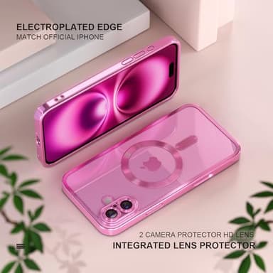 Misea Magnetic for iPhone 16 Case Compatible with MagSafe [Never Yellowing] [Military Grade Drop Protection] Full Camera Lens Protector Plating Soft Clear Phone Case for Women 6.1 inch, Hot Pink - Image 6