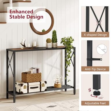Tajsoon Console Table 41.8”, 2-Tier Industrial Entryway Table, Narrow Entrance Sofa Table with Shelves, Hallway, Living Room, Foyer, Corridor, Office, Rustic Brown and Black - Image 6