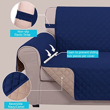 U-NICE HOME Loveseat Sofa Cover Reversible Couch Cover for Dogs with Elastic Straps Water Resistant Furniture Protector for Pets Couch Cover for 2 Cushion Couch (Loveseat, Navy/Camel) - Image 3