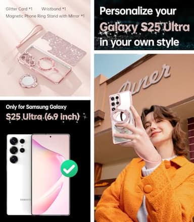 Meifigno Magnetic Case with Removable Phone Ring Stand for Samsung Galaxy S25 Ultra, [Glitter Card & Wrist Strap] [MagSafe Compatible] [Built in Mirror] Phone Ring Stand + Phone Case Kit, Rose Gold - Image 2